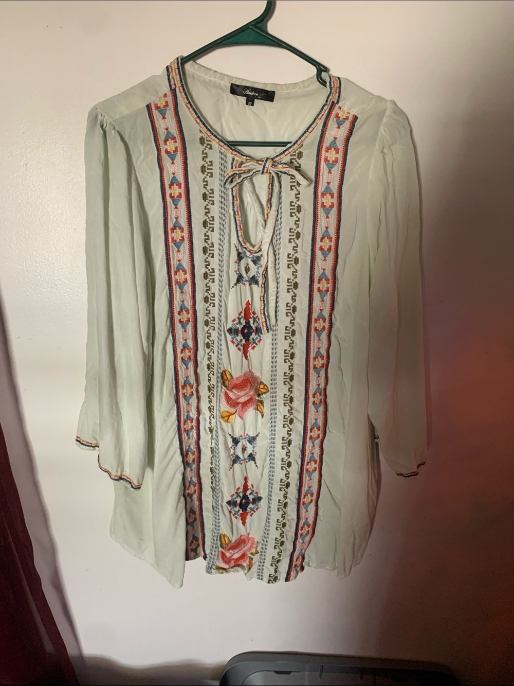 Embroidered Tie-Neck Women’s Top in Light Sage
